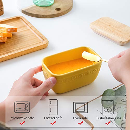 KOOV Porcelain Butter Dish with Lid for Countertop, Airtight Butter Container with Oak Lid, Butter Dishes with Covers, Butter Crock (Yellow)