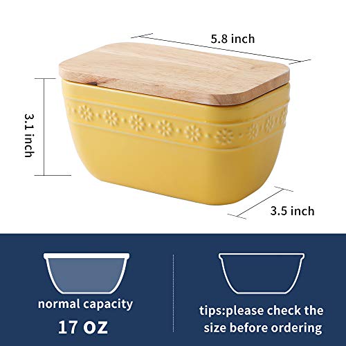 KOOV Porcelain Butter Dish with Lid for Countertop, Airtight Butter Container with Oak Lid, Butter Dishes with Covers, Butter Crock (Yellow)