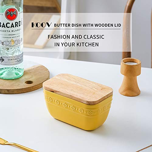 KOOV Porcelain Butter Dish with Lid for Countertop, Airtight Butter Container with Oak Lid, Butter Dishes with Covers, Butter Crock (Yellow)