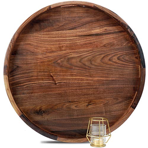 MAGIGO 22 Inches Extra Large Round Black Walnut Wood Ottoman Tray with Handles, Serve Tea, Coffee or Breakfast in Bed, Classic Circular Wooden Decorative Serving Tray