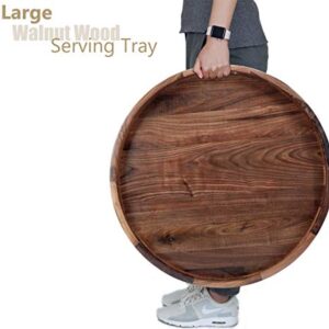 MAGIGO 22 Inches Extra Large Round Black Walnut Wood Ottoman Tray with Handles, Serve Tea, Coffee or Breakfast in Bed, Classic Circular Wooden Decorative Serving Tray