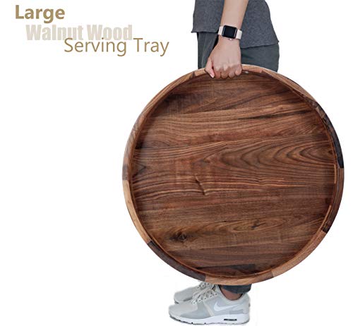 MAGIGO 22 Inches Extra Large Round Black Walnut Wood Ottoman Tray with Handles, Serve Tea, Coffee or Breakfast in Bed, Classic Circular Wooden Decorative Serving Tray