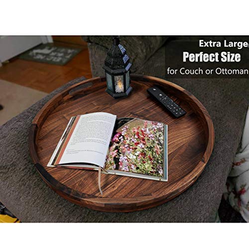 MAGIGO 22 Inches Extra Large Round Black Walnut Wood Ottoman Tray with Handles, Serve Tea, Coffee or Breakfast in Bed, Classic Circular Wooden Decorative Serving Tray