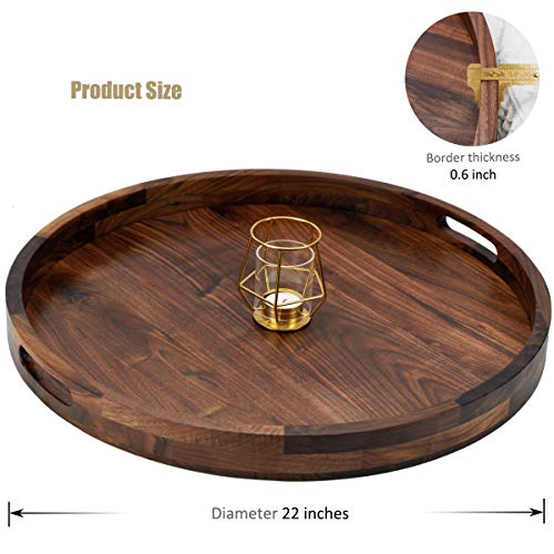 MAGIGO 22 Inches Extra Large Round Black Walnut Wood Ottoman Tray with Handles, Serve Tea, Coffee or Breakfast in Bed, Classic Circular Wooden Decorative Serving Tray