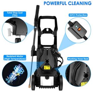 Electric Pressure Washer 1800W Power Washer High Pressure Washer Cleaner with 5 Adjustable Nozzles Built-in Detergent Tank,Hose Reels,Spray Gun,for Homes,Cars,Driveways,Patios