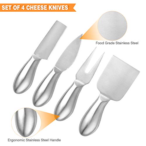 Stainless Steel Cheese Knife Set with Stand, Set of 4 Pieces Cheese Knives Spreader Slicer Shaver Fork with Wood Holder,Cheese Cutter Set with Magnetic Knife Block for Charcuterie Board (Type 3)