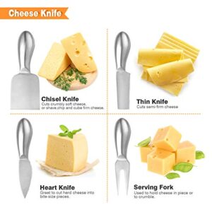 Stainless Steel Cheese Knife Set with Stand, Set of 4 Pieces Cheese Knives Spreader Slicer Shaver Fork with Wood Holder,Cheese Cutter Set with Magnetic Knife Block for Charcuterie Board (Type 3)