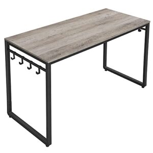 vasagle alinru computer desk, 55-inch writing desk, office desk with 8 hooks, for study, home office, easy assembly, steel frame, industrial design, greige and black ulwd059b02