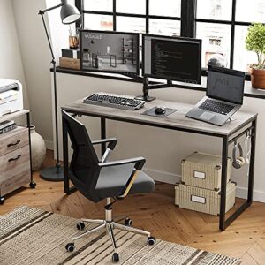 VASAGLE ALINRU Computer Desk, 55-Inch Writing Desk, Office Desk with 8 Hooks, for Study, Home Office, Easy Assembly, Steel Frame, Industrial Design, Greige and Black ULWD059B02