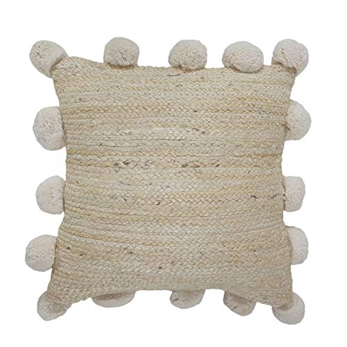 LR Home Natural Jute Poms Border Throw Pillow, 1 Count (Pack of 1), Tan