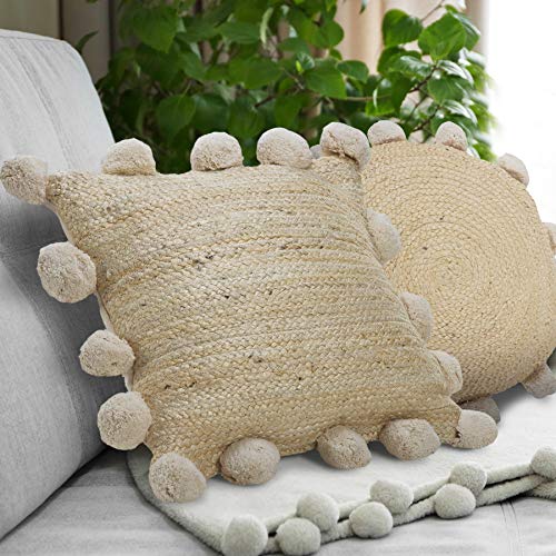 LR Home Natural Jute Poms Border Throw Pillow, 1 Count (Pack of 1), Tan