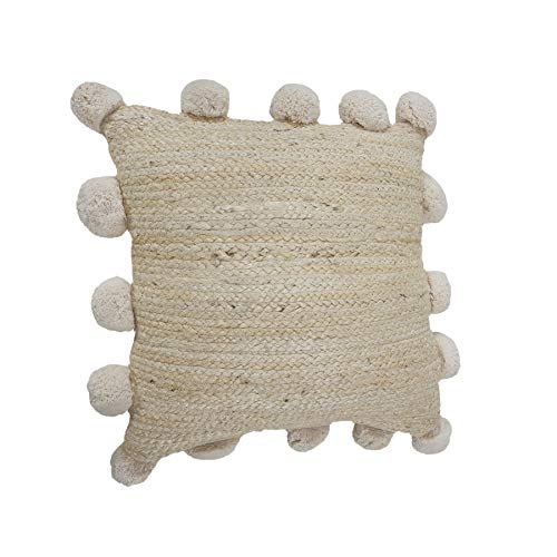 LR Home Natural Jute Poms Border Throw Pillow, 1 Count (Pack of 1), Tan