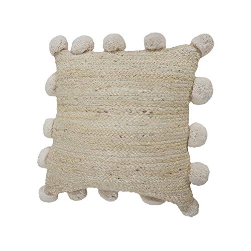 LR Home Natural Jute Poms Border Throw Pillow, 1 Count (Pack of 1), Tan