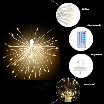 Christmas Tree Decorations Firework Lights, 4 in 1 Starburst String Lights USB Rechargeable Fairy Lights with Remote, 4 Music 8 Lighting Modes Waterproof Decorative Lights for Christmas, Patio, Party