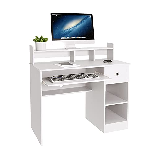 Crestlive Products Writing Computer Desk with Keyboard Tray & Drawer, Home Office Furniture, Floating Organizer 2-Tier Wooden Mission Home Computer Vanity Desk for Apartment Small Space (White)