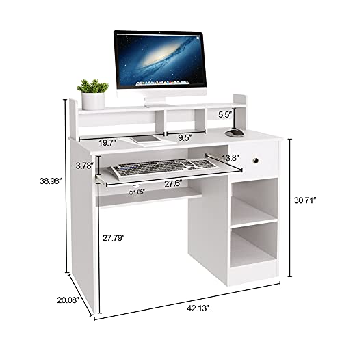 Crestlive Products Writing Computer Desk with Keyboard Tray & Drawer, Home Office Furniture, Floating Organizer 2-Tier Wooden Mission Home Computer Vanity Desk for Apartment Small Space (White)