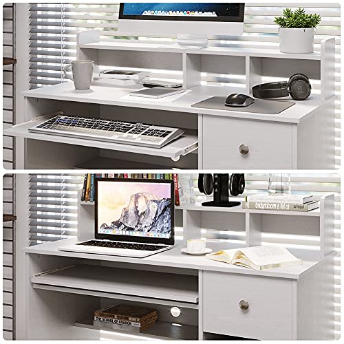 Crestlive Products Writing Computer Desk with Keyboard Tray & Drawer, Home Office Furniture, Floating Organizer 2-Tier Wooden Mission Home Computer Vanity Desk for Apartment Small Space (White)