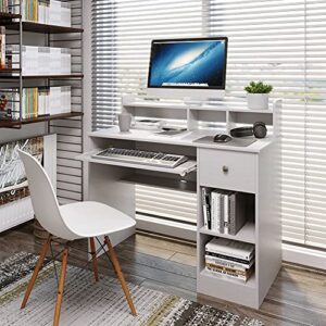 Crestlive Products Writing Computer Desk with Keyboard Tray & Drawer, Home Office Furniture, Floating Organizer 2-Tier Wooden Mission Home Computer Vanity Desk for Apartment Small Space (White)