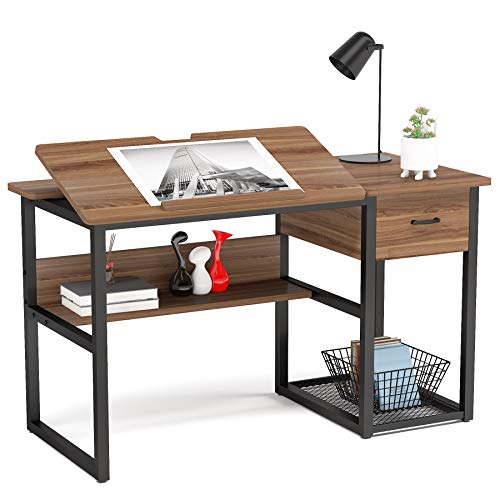 Tribesigns Drafting Table with Storage Drawers, Drawing Computer Desk Artist Craft Table Painting Desk Workstation with Shelves and Tiltable Tabletop for Students, Home Office