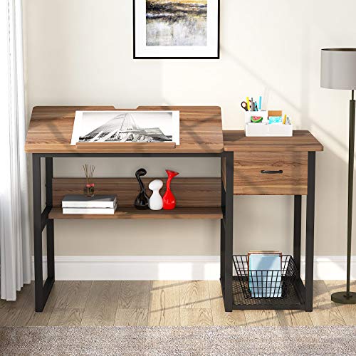 Tribesigns Drafting Table with Storage Drawers, Drawing Computer Desk Artist Craft Table Painting Desk Workstation with Shelves and Tiltable Tabletop for Students, Home Office