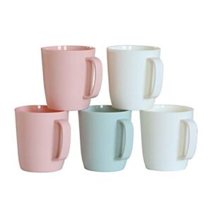 kurala coffee mugs set of 5, plastic coffee cups set, 10 ounce unbreakable coffee mug plastic with handle, 3 basic colors, reusable plastic mug dishwasher safe