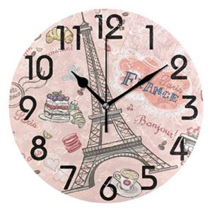 naanle franch eiffel tower round wall clock, 9.5 inch battery operated quartz analog quiet desk clock for home,office,school,cafe