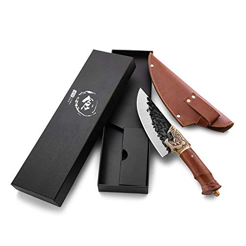 Meat Cleaver Knife Forged in Fire Butcher Knife Professional Boning Knife with Sheath Outdoor Chef Knife Carbon Steel Kitchen Knives for Camping, Fishing, BBQ