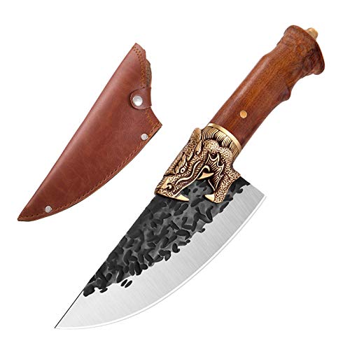 Meat Cleaver Knife Forged in Fire Butcher Knife Professional Boning Knife with Sheath Outdoor Chef Knife Carbon Steel Kitchen Knives for Camping, Fishing, BBQ