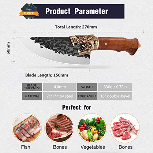 Meat Cleaver Knife Forged in Fire Butcher Knife Professional Boning Knife with Sheath Outdoor Chef Knife Carbon Steel Kitchen Knives for Camping, Fishing, BBQ