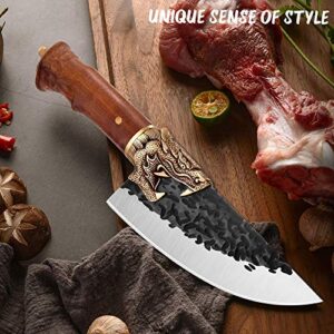 Meat Cleaver Knife Forged in Fire Butcher Knife Professional Boning Knife with Sheath Outdoor Chef Knife Carbon Steel Kitchen Knives for Camping, Fishing, BBQ