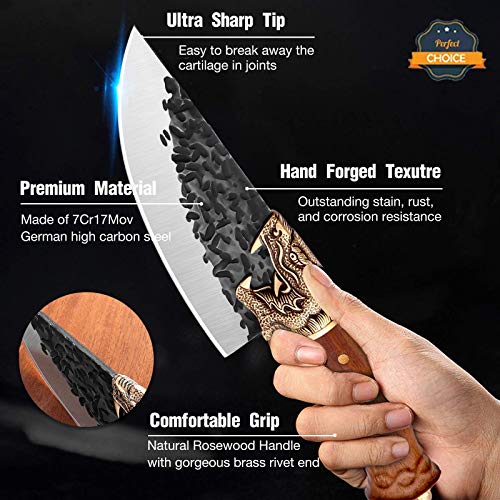 Meat Cleaver Knife Forged in Fire Butcher Knife Professional Boning Knife with Sheath Outdoor Chef Knife Carbon Steel Kitchen Knives for Camping, Fishing, BBQ