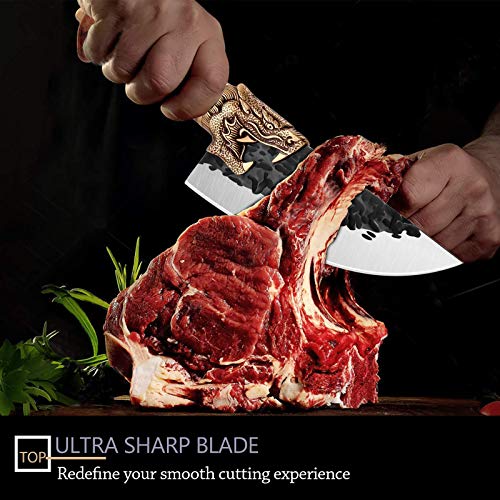 Meat Cleaver Knife Forged in Fire Butcher Knife Professional Boning Knife with Sheath Outdoor Chef Knife Carbon Steel Kitchen Knives for Camping, Fishing, BBQ