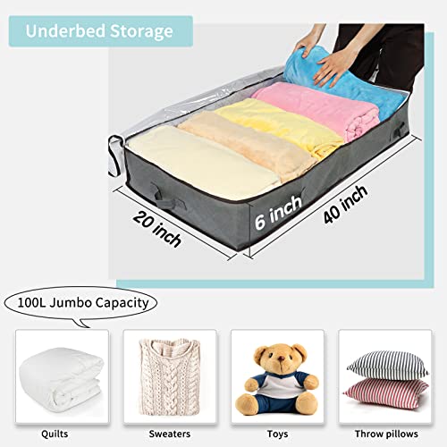 Under bed Storage Bags, 100L Underbed Storage Containers with Reinforced Handles, Large Capacity Breathable Non-woven Under the Bed Storage Bins for Blanket, Pillows, Comforters and Quilts (Grey, 4 Pack)