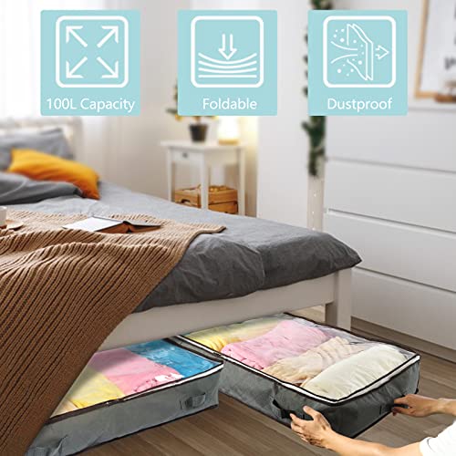 Under bed Storage Bags, 100L Underbed Storage Containers with Reinforced Handles, Large Capacity Breathable Non-woven Under the Bed Storage Bins for Blanket, Pillows, Comforters and Quilts (Grey, 4 Pack)