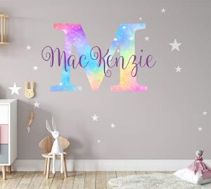 girls nursery shimmer rainbow printed initial and stars custom personalized name and initial vinyl wall decal, decor for babies wall sticker (large)