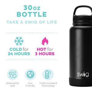 Swig Life 30oz Triple Insulated Stainless Steel Wide Mouth Water Bottle with Handle, Dishwasher Safe, Double Wall, Vacuum Sealed, Reusable Thermos (Black)