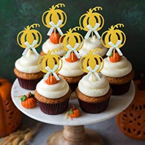 Pumpkin Cupcake Toppers Boy, Fall Theme Cake Decorations for Pumpkin Baby Shower, Birthday Party Decorations-24 Packs