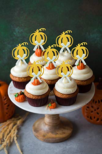 Pumpkin Cupcake Toppers Boy, Fall Theme Cake Decorations for Pumpkin Baby Shower, Birthday Party Decorations-24 Packs