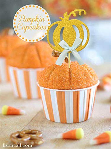 Pumpkin Cupcake Toppers Boy, Fall Theme Cake Decorations for Pumpkin Baby Shower, Birthday Party Decorations-24 Packs