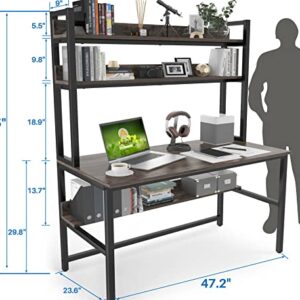 Aquzee Desk with Hutch, (Grey) 65 Inches Height Computer Desk with Space Saving Design, Metal Legs Desk with Bookshelf and Storage Shelves, Easy Assemble