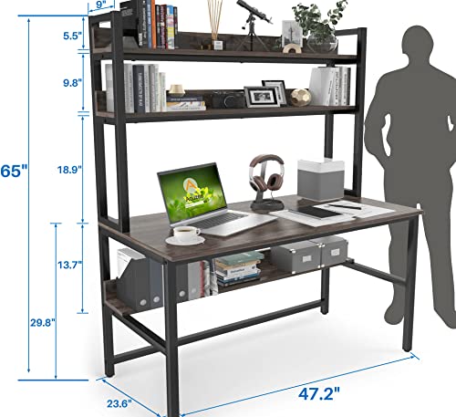 Aquzee Desk with Hutch, (Grey) 65 Inches Height Computer Desk with Space Saving Design, Metal Legs Desk with Bookshelf and Storage Shelves, Easy Assemble