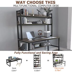 Aquzee Desk with Hutch, (Grey) 65 Inches Height Computer Desk with Space Saving Design, Metal Legs Desk with Bookshelf and Storage Shelves, Easy Assemble