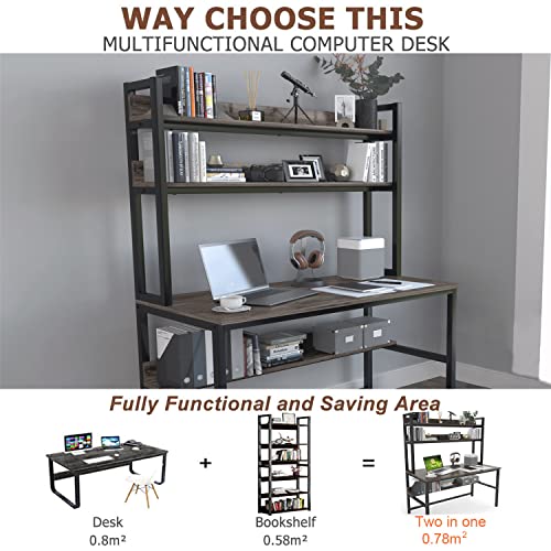 Aquzee Desk with Hutch, (Grey) 65 Inches Height Computer Desk with Space Saving Design, Metal Legs Desk with Bookshelf and Storage Shelves, Easy Assemble