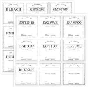 108 pieces waterproof laundry bottle labels white removable 18 kinds hand dish soap lotion conditioner dispenser cleaning stickers for farmhouse bathroom kitchen (3 x 3 inches)