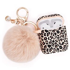 airspo airpod case airpods case cover for apple airpods 2&1 silicone protective skin cute airpod case for girls with pom pom fur ball keychain/strap/accessories (leopard print+fur ball)