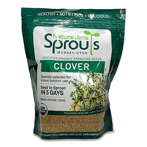 Nature Jims Clover Sprout Seeds – 16 oz Organic Sprouting Seeds – Non-GMO Premium Clover Seeds – Resealable Bag for Longer Freshness – Rich in Vitamins, Minerals, Fiber