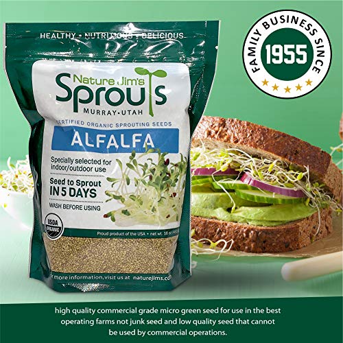 Nature Jims Clover Sprout Seeds – 16 oz Organic Sprouting Seeds – Non-GMO Premium Clover Seeds – Resealable Bag for Longer Freshness – Rich in Vitamins, Minerals, Fiber