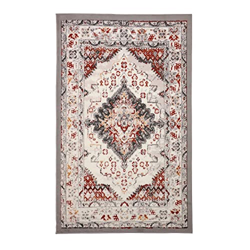 Furnish my Place Distressed Rug - 5 ft. x 8 ft, Light Grey, Indoor Rug with Bordered Design, Jute Backing