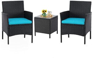 cemeon 3-piece patio bistro set outdoor conversation set, black wicker porch chairs set garden furniture with coffee table (blue cushion)