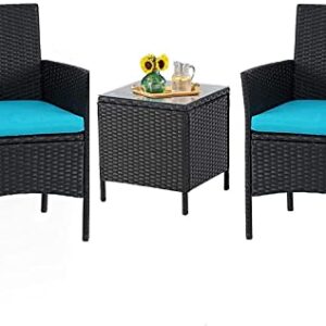 Cemeon 3-Piece Patio Bistro Set Outdoor Conversation Set, Black Wicker Porch Chairs Set Garden Furniture with Coffee Table (Blue Cushion)